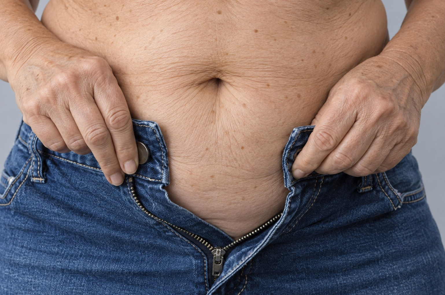 Mulher madura tentando fechar uma calça jeans apertada na barriga